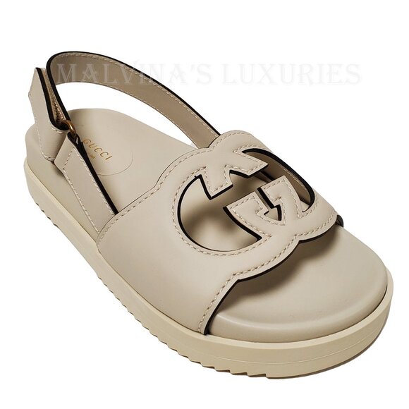 GUCCI SHOES INTERLOCKING G LOGO WHITE LEATHER SLINGBACK SANDALS sz 37.5 7.5 - Picture 7 of 16